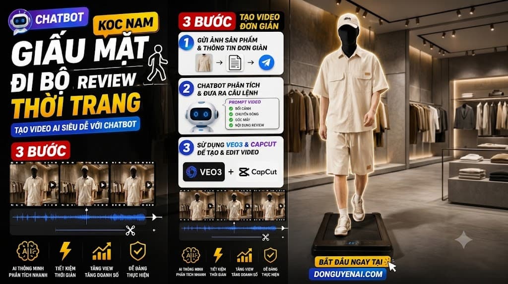 Chatbot AI Tạo Video KOC Nam Giấu Mặt Catwalk Máy Chạy Bộ